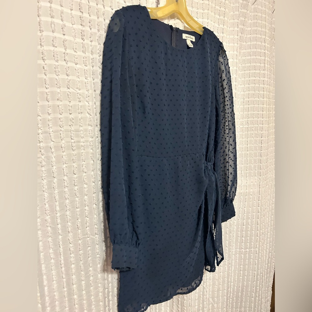 Speechless Size 5 Navy Blue Swiss Dot Long Sleeve Faux Wrap‎ Mini Dress